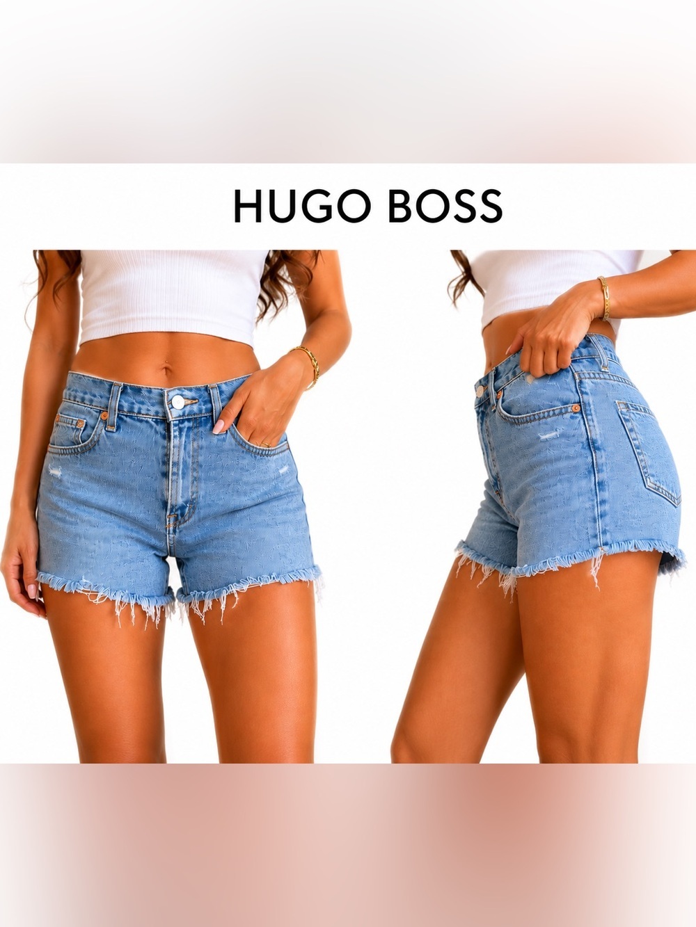 Hugo Boss High Rise Cut Off Denim Shorts Light Wash Raw Hem  25 NWT button fly